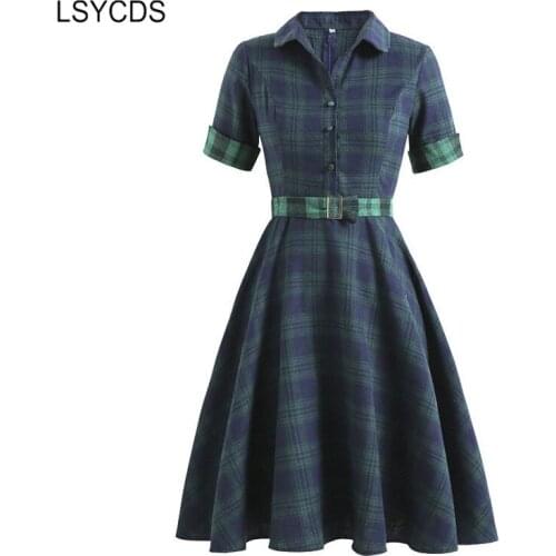 LSYCDS Vintage 50s 60s Swing Retro Dresses Fall Spring Turn-down Collar Button Up Women Clothes Dresses Elegant Robe Plaid Dress