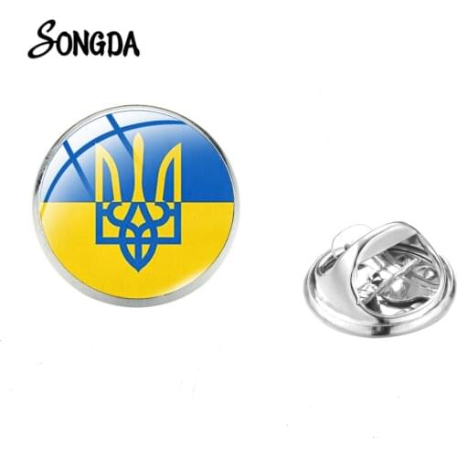 Fashion National Emblem of Ukraine Lapel Pin Tryzub Ukraine 3D Print Glass Cabochon Brooch Pin Stainless Steel Butterfly Buckle