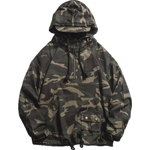 2019 Japan style Autumn New Loose Hooded Jackets Men Army Green Camouflage Pure Cotton Windbreaker Casual Coats