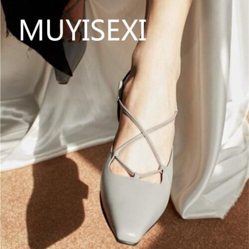 Elegant lady natural leather 7cm high strange heel square toe buckle strap mules concise slingbacks shoes women HL242 MUYISEXI