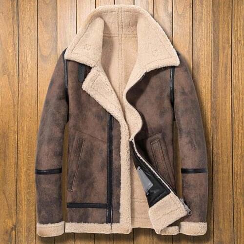 New Shearling Coat Mens B3 Bomber Jacket Black Motorcycle Leather Overcoat Winter Fur Outerwear