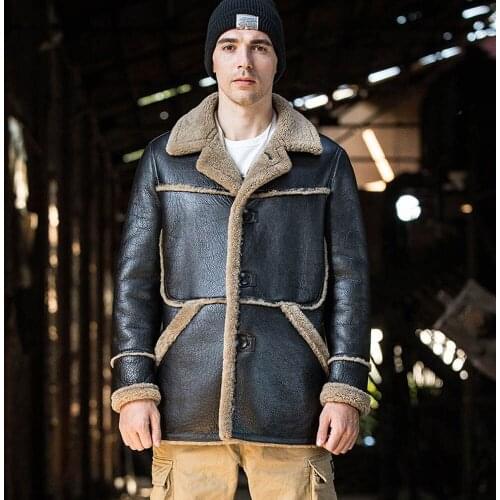 Promote Men Winter Warm Fur Coat Black Genuine Leather Sheepskin Fur Shearling Jackets Business Casual Formal Coats