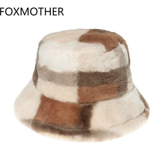 FOXMOTHER New Femme Gorro Lady Outdoor Panama Soft Warm Faux Fur Plaid Women Fashion Hats 2021 Bucket Hat Winter