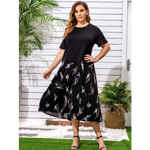 DOIB Large Size Dresses Floral Print O Neck Patchwork Large Size Dresses Oversize Bobycon Dress 2XL 3XL 4XL 5XL