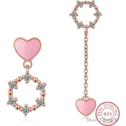 Pink Love Heart Asymmetrical Earrings Geometric Zirconia Long Tassel 925 Sterling Silver Earrings oorbellen S-E783