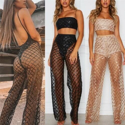 Sexy Women Crochet Sequins Beach Wide Leg Pants Lace Mesh Sheer High Waist See Through Casual Beach Trousers Clubwear