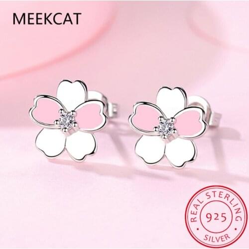 Cute Small 925 Sterling Silver Cherry Blossom Flower Set Pink CZ Stud Earrings For Women Girls Kid Jewelry Orecchini Aros Aretes