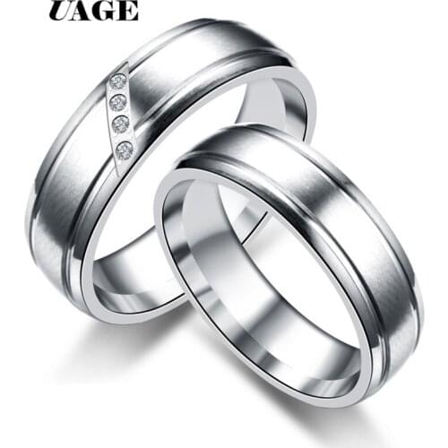 UAGE High Quality Shining Cubic Zircon Lovers Engagement Rings Titanium 316L Stainless Steel Wedding Ring for Women Couple