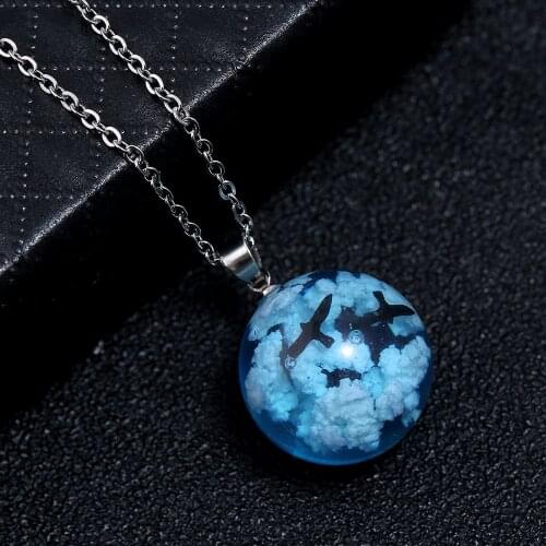 Unique Handmade luminous necklace fashion pendant blue sky white cloud bird ball pendant birthday gift
