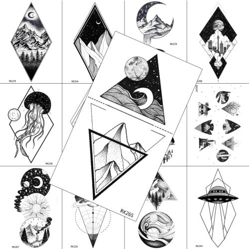 Geometric Mountain Planets Temporary Tattoos Sticker Fake Body Art Arm Tattoos For Adult Realistic Black Waterpoof Sheets Tattoo
