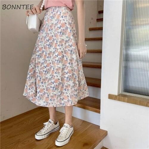 A-line Skirts Women Korean Style Tender Floral High-waist Daily Girl Lady Casual All-match Cozy Summer Mid-calf Female Bottoms