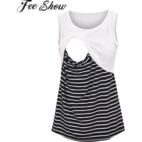 Womens Maternity Summer Tee Vest Tops Stripe Patchwork Style Casual Cotton Top for Nursing Breastfeeding Pregnant Ladies