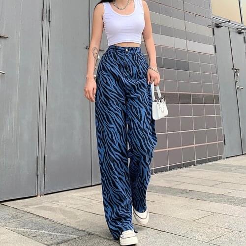 Stripes Print Womens Jeans E-girl 90s Vintage High Waist Denim Pants Loose Fashion Cargo Straight Trousers Hip Hop Wear