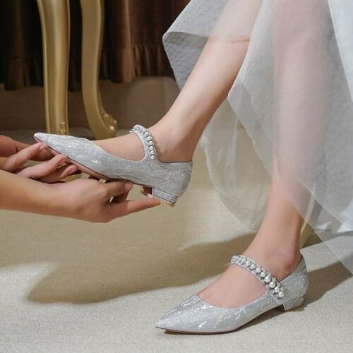 Female 2cm Heels Tie Wedding Shoes Summer Women Flat Bottom Wedding Dress Two Wear 2021 New Silver Bride Pregnant Women Can Wear