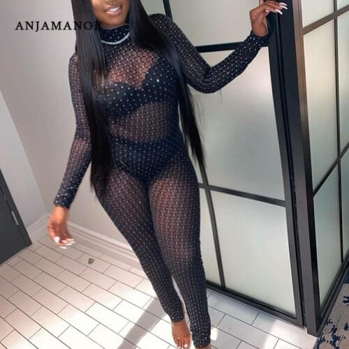 ANJAMANOR Sparkly Plaid Mesh Sheer Clubwear Jumpsuit Sexy Transparent Long Sleeve Bodycon One Piece Outfits for Women D85-CZ18