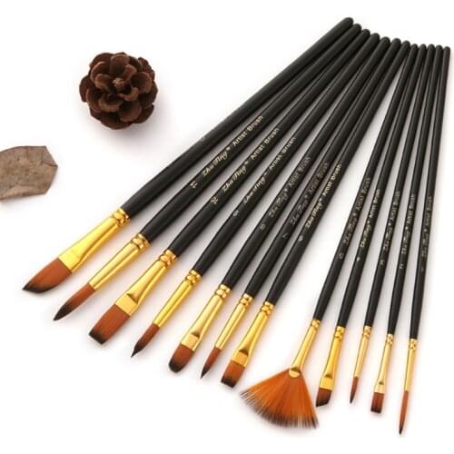 12pcs Nylon Hair Wooden Handle Watercolor Paint Brush Pen Set for DIY Oil Acrylic Painting Art Paint Brushes 85DD