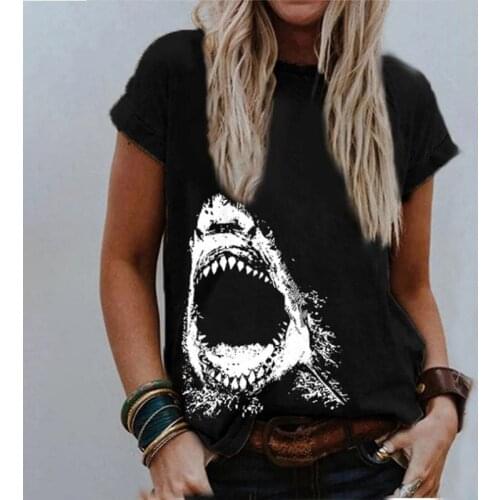 2021 Summer Shark Print O-Neck Black Casual Women T-shirts Fashion Solid Color Short Sleeve Animal Loose Pullover Tops