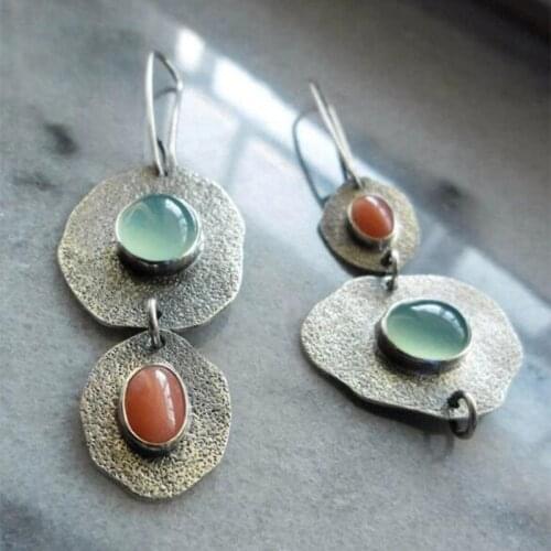 2021 Wholesale Bohemian Mint Chalcedony and Artificial Coral Earrings Creative Asymmetric Vintage Thai Silver Earrings