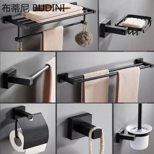 Bathroom Decoration Accessories Matte Black Double Towel Bar Bathroom Towel Hanger Space Aluminum Towel Rack Ring Toilet Brush
