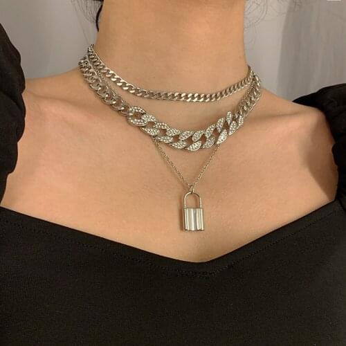 European and American Hip Hop Layered Crystal Lock Chain Pendant Necklaces Bracelet Boho New Fashion Choker Women Jewelry Set