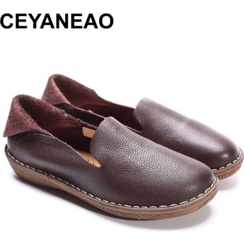 CEYANEAO 2018 Mori Girl Flat Shoes Hand-sewed Genuine Lether Coffee Step in Loafers Ladies Moccasin Shoes (568-2)