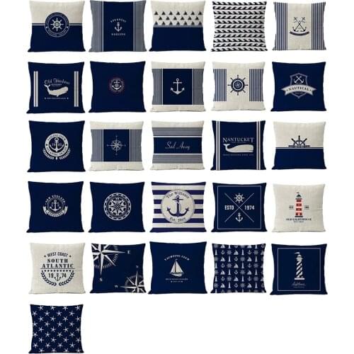 Home Decorative Mediterranean cushion cover Navigation Blue Compass Anchor Pillow Cover Nautical Shell Fish Linen Pillow Case