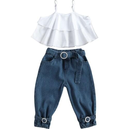 2-6Years Toddler Girls Sweet Summer Clothes Sets Spaghetti Straps Layered Ruffle Tank Tops and Denim Long Pants with Belt