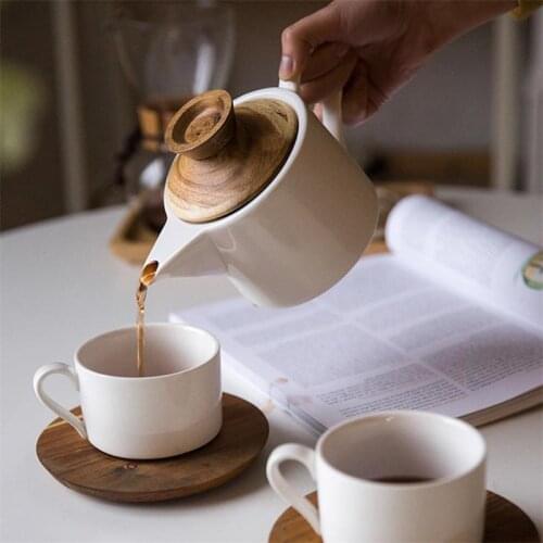 Ceramic Teapot Set Tea Cup European Style Coffee Cup Set with Wooden Lid Coffee Espresso Cup Saucer Porcelain Set