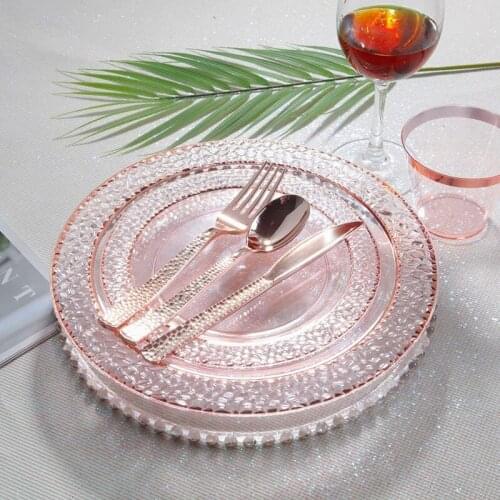 7.5 10.25 Inch Disposable Plastic Transparent Gold Pattern Food Grade PS Western Food Plate Knife Fork And Spoon Set
