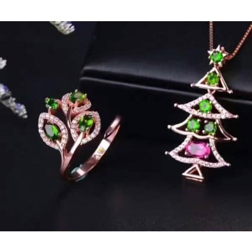 Natural tourmaline gem jewelry sets natural gemstone Pendant ring 925 silver Elegant luxurious Flowers women jewelry