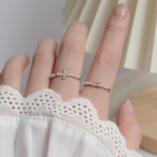 Delicate Jewelry 14K Real Gold Adjustable Crystal Star Rings for Women Simple Style Pearl Engagement Rings