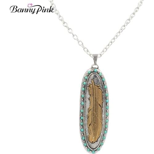 Banny Pink Vintage Alloy Feather Pendant Necklace For Women Chunky Long Dangle Metal Chain Necklace FashionJewelry Collier Colar