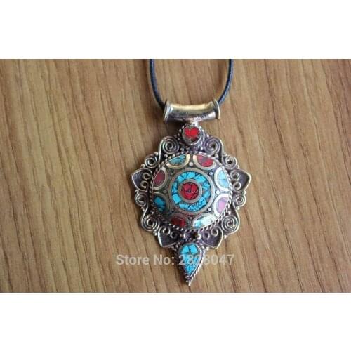 PN247 Ethnic Tibetan Brass Inlaid Colorful Stone Big Women Pendant Handmade Nepalese Jewelry
