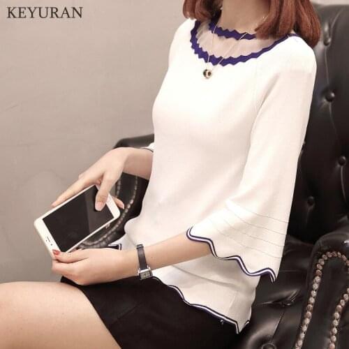 Plus Size Wave Line Knitted Pullover Tops 2020 Spring Women Fashion Loose Mesh Patchwork Chic T-shirt Flare Sleeve Ladies Tshirt