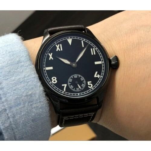 Sapphire crystal or Mineral glass 44mm black dial Asian 6498 17 jewels movement PVD case luminous Mechanical watches GR83-20