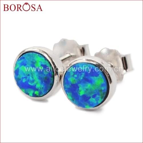 BOROSA Silver Color Blue Japanese Opal Round Bezel Stud Earrings,Fashion Drusy Opal Studs Earrings High Quality SS188