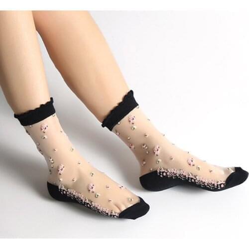 Spring Women Plant Flowers Sweet Crystal Cotton Anti-skid Transparent Thin Socks Femme Meia Ultra Cool Mesh Elastic Sexy Bas