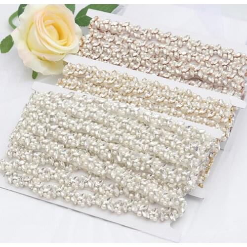 YANSTAR Wholesale Bridal Pearls Wedding Dress Belts Rhinestones Appliques Trim On 5Yards *2cm For Bridal Sash Gold Crystal YS879