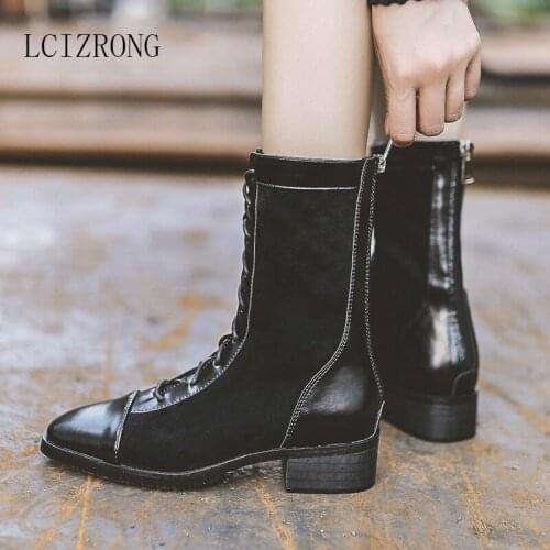 2019 Fashion Womens Boots Shiny Pu Leather Stitching Suede Boots Black Wild Ladies Autumn and Winter Shoes