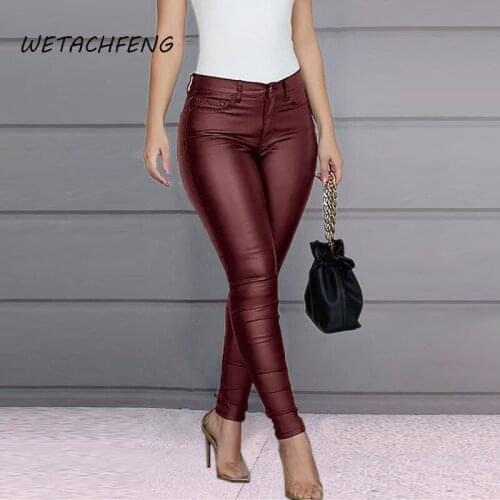 Women Leather Pants Red High Waist Pencil Faux PU Leather Plus Size Slim Sexy Trousers 2021 Fashion Leggings Female Clothing