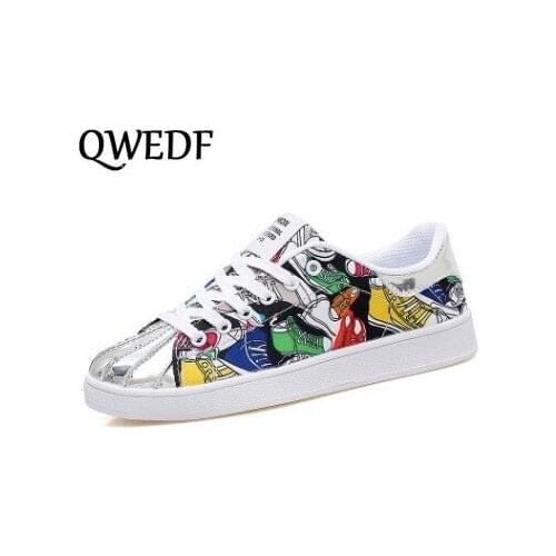 QWEDF Women Sneakers 2019 Summer Women Casual Shoes Fashion Graffiti Breathable Canvas Flats Women Shoes CZ-94
