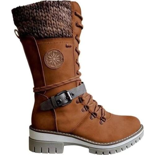 2021 Women Buckle Lace Knitted Mid-calf Boots Low Heel Round Toe for Female Motorcycle Martin Booties Ladies Fashion Boots