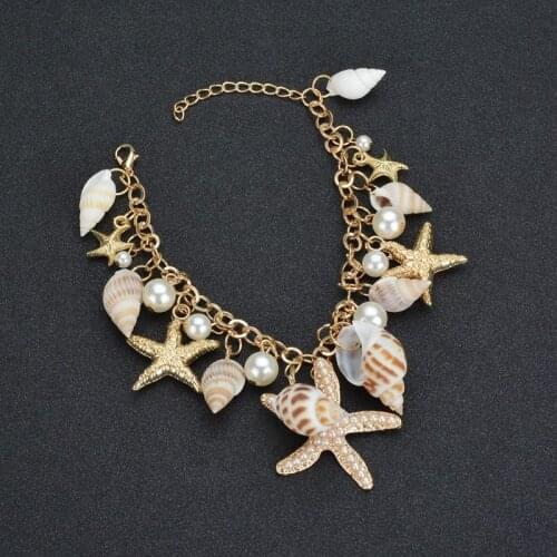 Bohemia Chain Shell Bracelet Bangle Starfish Imitation Pearls Beaded for Women Beach Jewelry