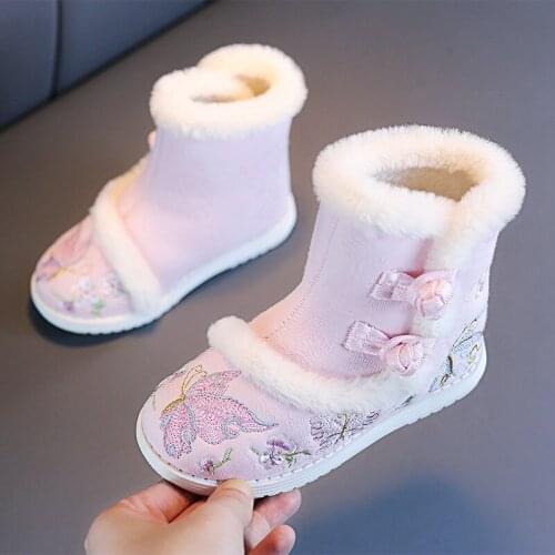 Winter Children Hanfu Shoes for Girls Embroidered Snow Boots Chinese Style Cotton Boots Kids Plush Warm Cloth Shoes Canvas Boots