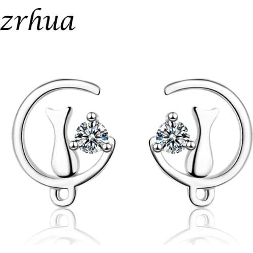 ZRHUA Silver Color Cute Cat Animal Jewelry for Women Girls Shiny Clear Zircon Jewelry Ear Decoration High Quality Brincos