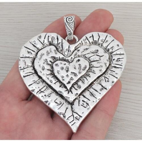 3 x Tibetan Silver Large Hammered Love Heart Charms Pendants for Necklace Jewelry Making Findings 69x65mm