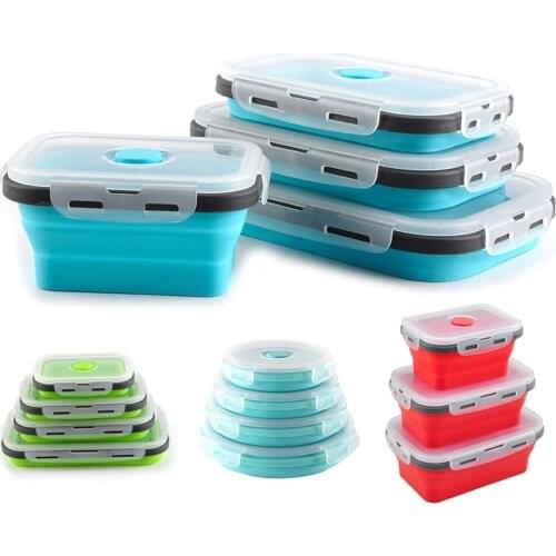 4 pcs Silicone Lunch Bento Box Food Storage Portable Bowl Folding With Lids Container Lunchbox BPA Free Microwavable Dinnerware