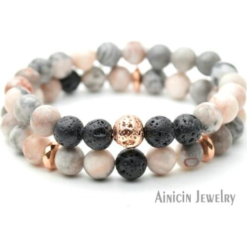 5 Sets Natural Semi-precious Stone Black Lava Rose Gold Plating 8mm Beaded Strand Bracelets For Men and Women Jewelry
