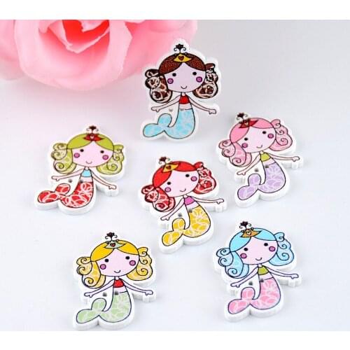 Free Shipping-100pcs Mixed 2 Holes Cartoon Lovely Castle Series Mermaid Buttons Cartoons Wood Sewing Buttons Scrapbooking J1614