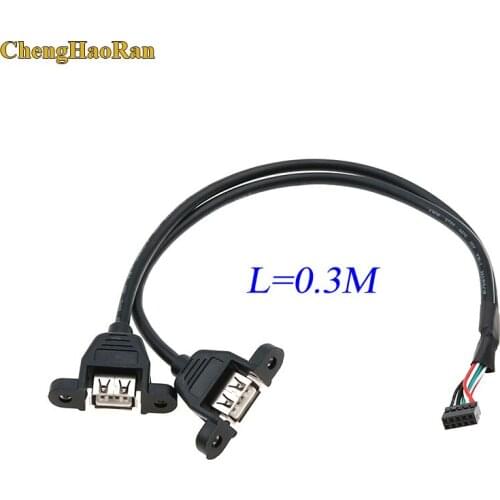 ChengHaoRan 1pcs 0.3M 30cm tackable Dual USB 2.0 A Type Female to Motherboard DuPont 9Pin 2.0/2.54mm Header Cable